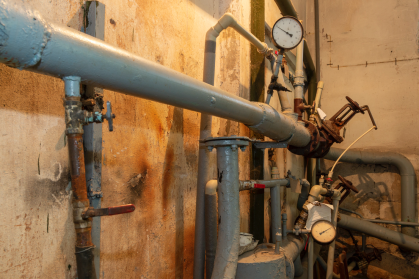 View of heating system with dials and pipes in basement of a building